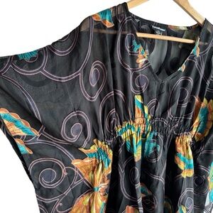 Vintage Y2K Butterfly Boho Kaftan Top Sz L Multicolour Tunic Blouse Kimono Top